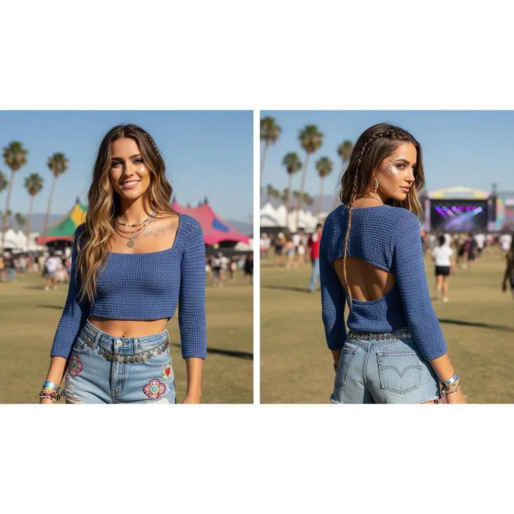 Free People Beach Crochet Button‑Side Crop Top — Size Large